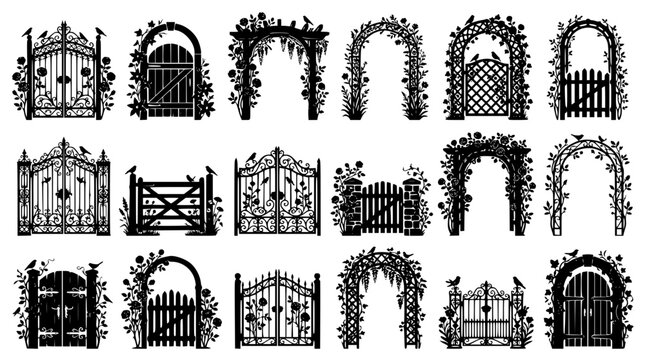 Black Silhouette Garden Gates and Floral Arches Vector Set with Climbing Vines and Birds