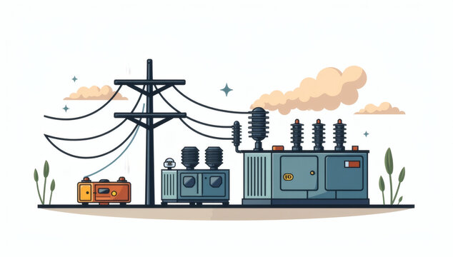 Industrial Electrical Substation and Power Distribution Grid with High Voltage Transformers Vector Illustration