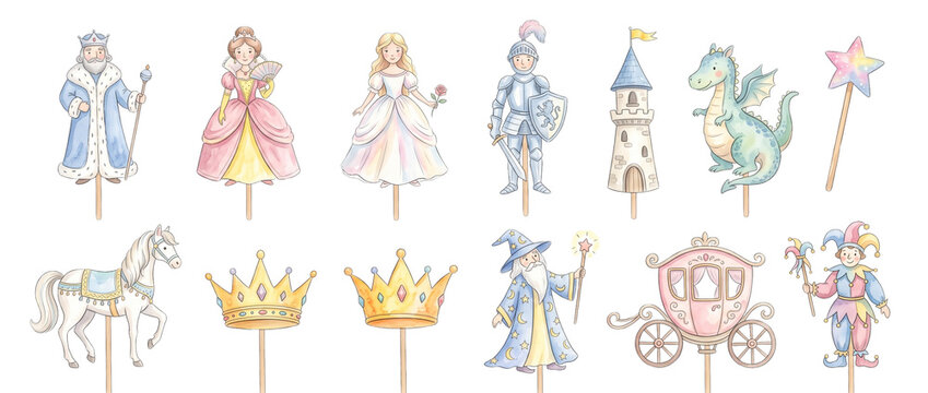Fairy tale watercolor puppets props with king princess knight dragon and castle elements for children birthday party decoration and magical medieval storytelling theater isolated on black background.