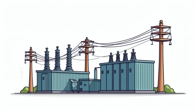 Electrical Power Substation Distribution Grid Facility with High Voltage Transmission Lines and Equipment Infrastructure