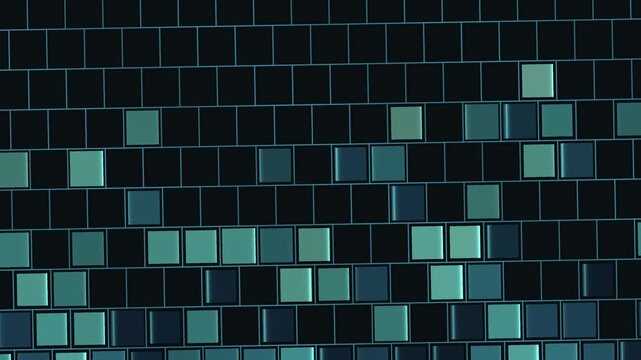 The image shows a wall made of dark rectangular tiles with some lighter greenishblue tiles scattered throughout in an abstract pattern.
