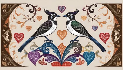 Naklejka premium Traditional Batik Pattern with Two Birds and Colorful Hearts Ornament