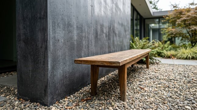Wooden garden bench on pebble ground against a modern concrete wall