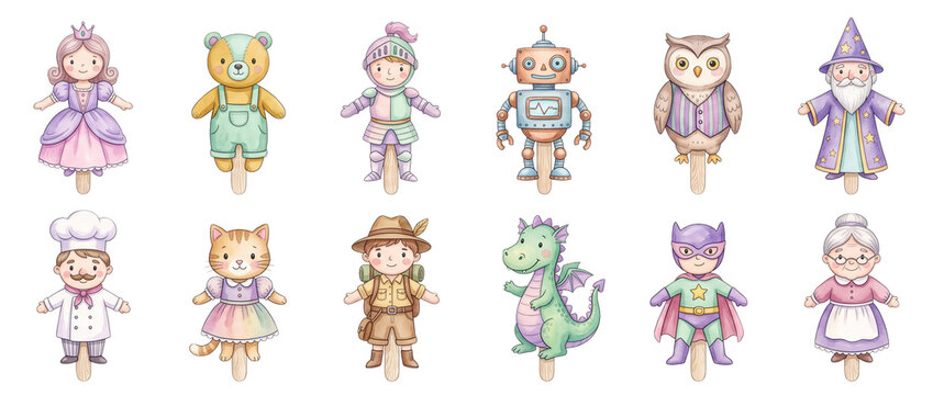 Stick puppets cartoon characters set for kids storytelling and creative play featuring princess, wizard, dragon, robot, chef, and superhero watercolor illustrations isolated on black background.