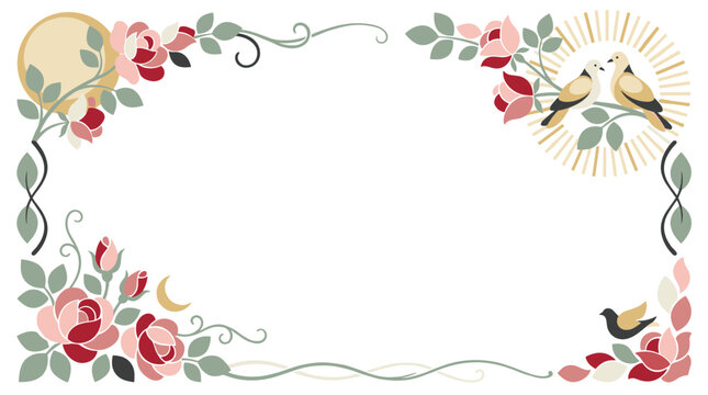East asia style floral frame with roses, moon, and birds, romantic vintage border for wedding invitations or decorative stationery designs