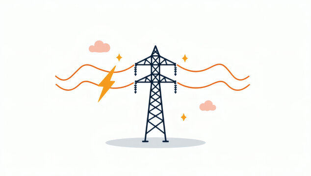 Illustration of an electricity pylon actively transmitting power, symbolizing essential energy infrastructure, electric grid reliability, and sustainable power distribution