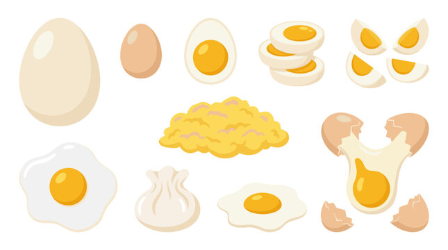 Set of various egg preparations, raw, boiled, fried, scrambled and cracked, food menu icon collection for breakfast and cooking recipes