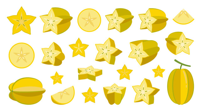 Set of fresh carambola starfruit slices and whole fruits, yellow tropical food icons, healthy eating, exotic snacks, summer harvest theme