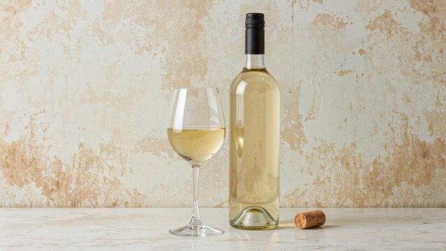 A bottle of white wine, a glass filled with white wine, and a cork on a light-colored surface with a textured beige background.