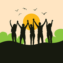 Fototapeta premium Happy Youth Silhouettes Celebrating Friendship Together During Beautiful Sunset Scene