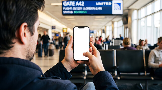 Hand holding mobile phone with blank white screen mockup at airport departure gate A42 waiting lounge, passenger waiting for London flight boarding, travel device template
