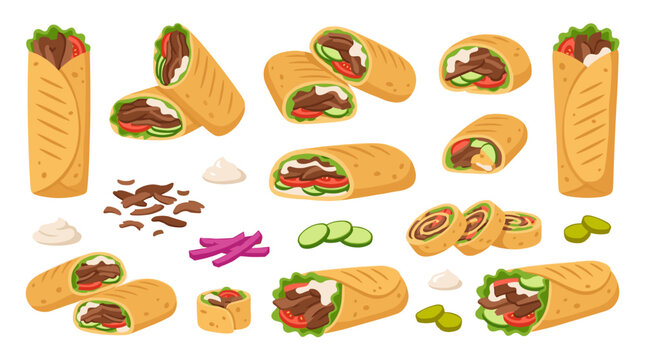 Set of shawarma doner kebab wraps and fresh ingredients, tasty street food menu elements for restaurant design, fast food snack vector collection
