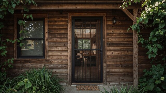 Wooden house exterior with a door and window, surrounded by greenery and plants.