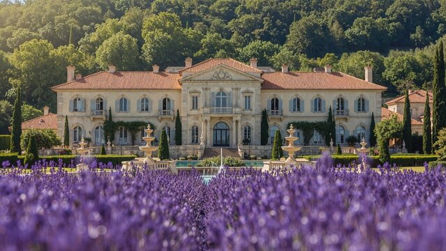 Lavish mansion with ornate architecture, surrounded by lush greenery and vibrant purple flowers in the foreground.