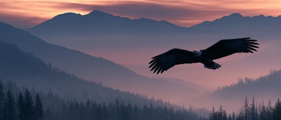 Fototapeta premium Majestic Eagle Soaring Above a Misty Mountain Landscape at Dusk