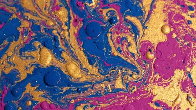 Abstract Gold Blue and Magenta Marbling with Bubbles and Droplets