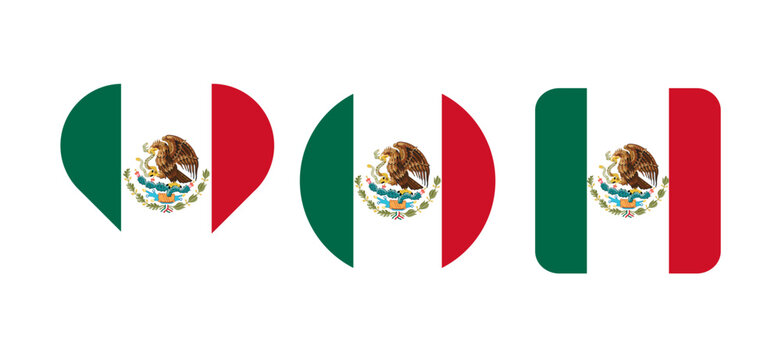 Mexico flag icon set. Heart, circle and rounded square icons with Mexican national flag isolated on transparent background. Flat vector illustration