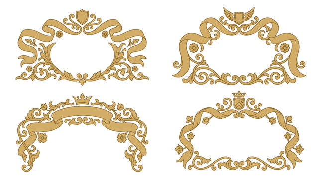 Set of four victorian baroque golden frames with intricate scrolling leaves, ornate filigree details, royal classic borders for invitations and