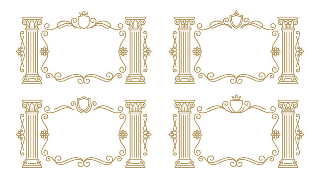Set of four victorian baroque frames with classical columns, ornate filigree swirls and architectural details for elegant vintage invitations and