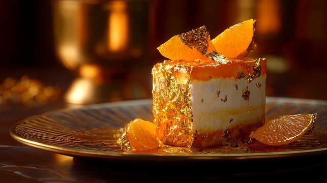 Luxury Fanta Cake plated with candied orange peel and gold leaf accents, fine dining presentation