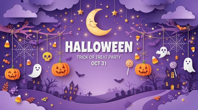 A festive purple background featuring a happy halloween greeting with hanging jack o lanterns ghosts stars and a crescent moon for seasonal holiday party invitations