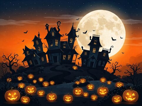 A spooky haunted house silhouette under a glowing full moon with many carved jack o lanterns in the foreground wishing everyone a happy halloween night