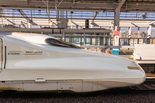 Tokyo, Japan-December 29, 2025: Close up of white Shinkansen bulet train parked at Tokyo Train Station.