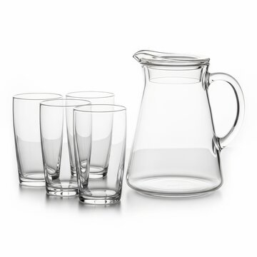 Clear Glass Pitcher with Drinking Glasses Isolated on White Background