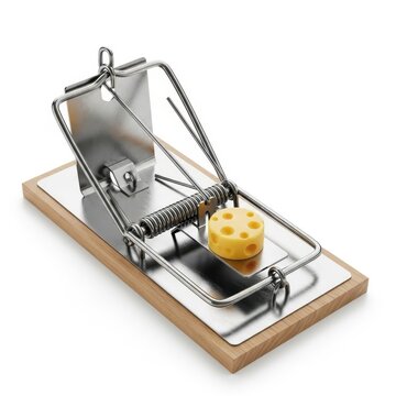Classic Wooden Mouse Trap with Cheese Bait Isolated on White Background