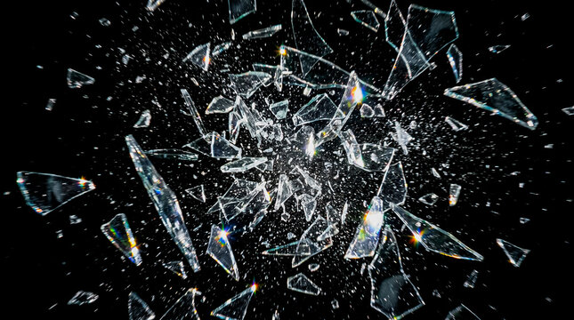 Shattered glass fragments exploding outwards against a stark black background