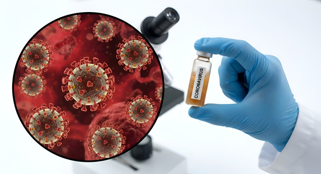 a scientist wearing a blue nitrile glove holding a transparent laboratory sample vial labeled "CORONAVIRUS" in front of a circular magnified microscopic