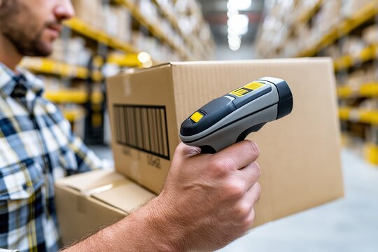 Warehouse worker scanning a cardboard box with a digital barcode reader