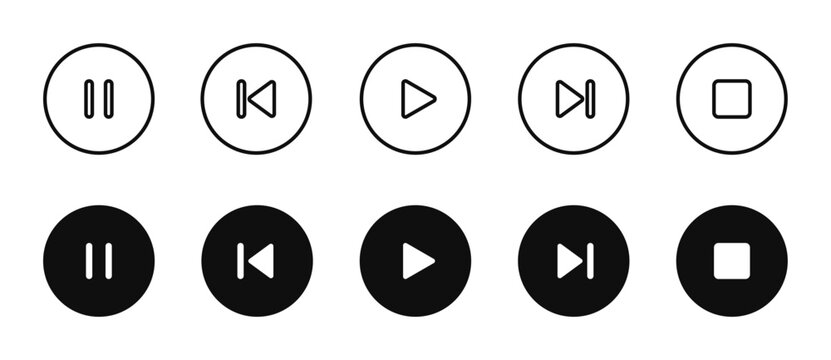 Media player and video control button set in outline and filled styles. Play, pause, and stop round interface buttons for web and app. Minimal UI controls with editable strokes. Vector illustration