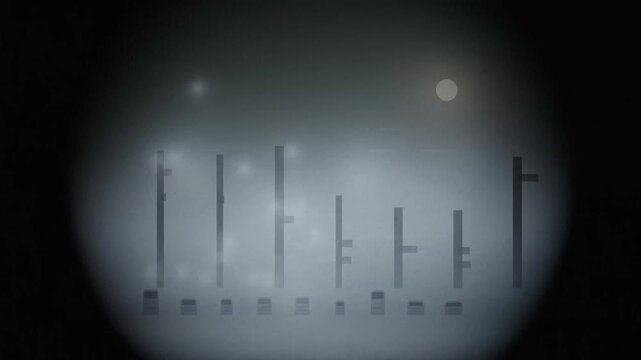 Vertical gray pillars emerge from a misty surface under a dim circular light source.