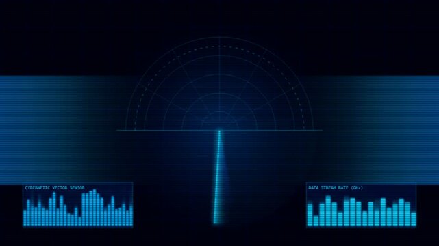 Futuristic radar screen with digital data stream and wave sensors in blue color display.