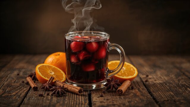 A hot beverage with berries in a glass mug, surrounded by orange slices, cinnamon sticks, and star anise on a wooden surface.