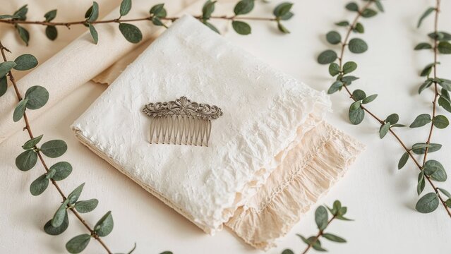 A hair comb placed on a folded elegant white napkin or cloth, surrounded by green eucalyptus leaves for decoration.