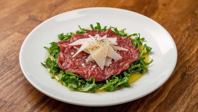 Raw steak on a bed of greens with cheese shavings and pepper, served on a white plate.