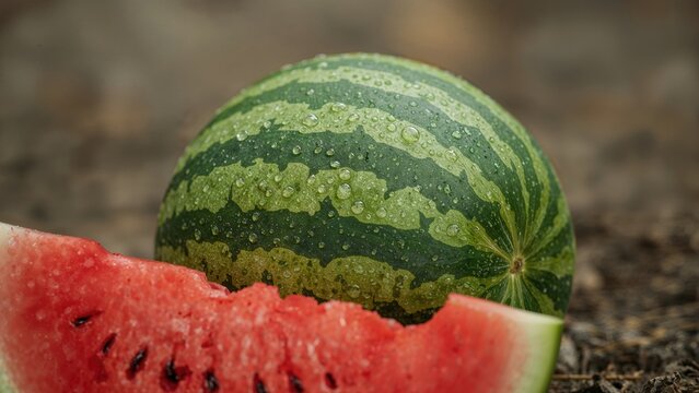 Watermelon and whole watermelon from close up shot on earthy background. Fruit and healthy food, fresh and organic produce. Juicy and hydration concept.