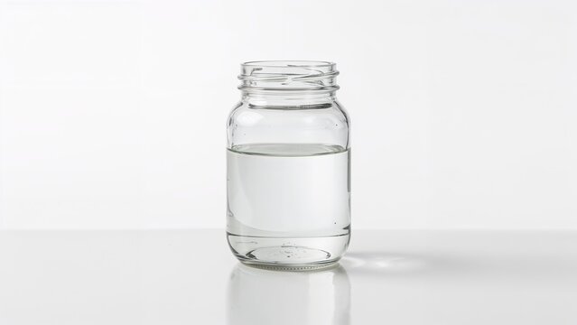 Glass jar with liquid on a white background.