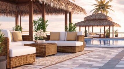 Fototapeta premium A tranquil outdoor lounge setting with stylish seating, tropical plants, and a serene pool view