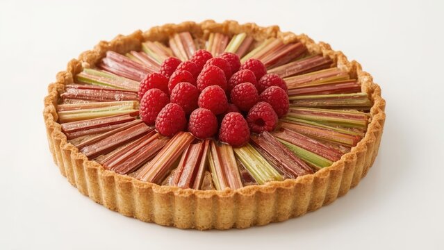Fresh raspberry tart with colorful chocolate shards arranged in a circular pattern and topped with a cluster of ripe raspberries.