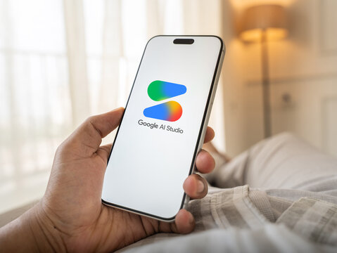 Google AI Studio logo is displayed on a smartphone screen in Bangalore, India, on July 25, 2026

