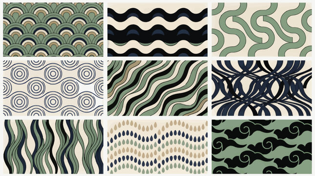 Vector Icon Sheet of Nine Elegant Bathroom Textile Patterns with Wavy Lines, Arches, Circles, and Cloud Motifs in Green, Blue, and Beige Tones, Seamless Graphic Design Elements