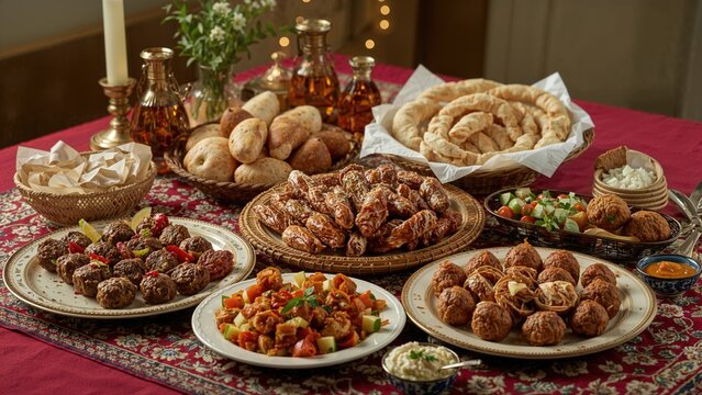 A spread of traditional foods displayed on a table with bread, pastries, and various dishes, set on an ornate cloth with candlesticks and decorative items.