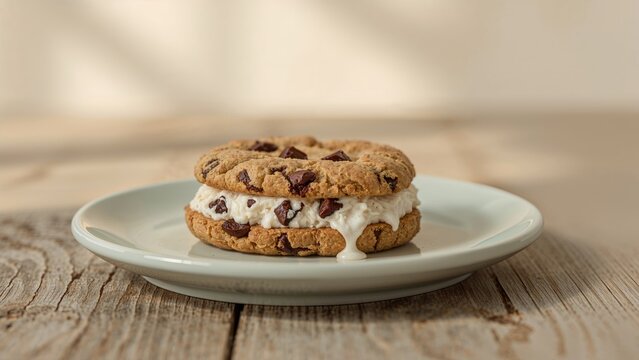 Chocolate chip cookies with cream filling on a white plate.