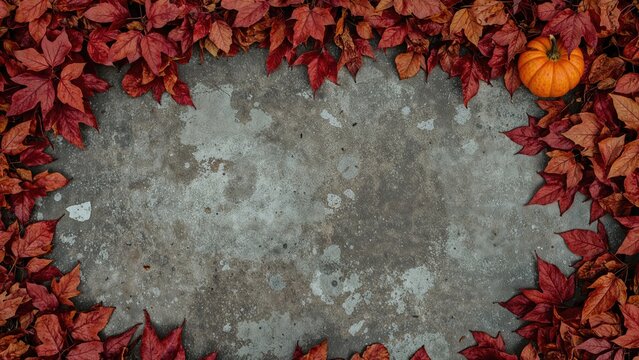 Autumn leaves surrounding a gray concrete surface with small pumpkins, framing the scene.