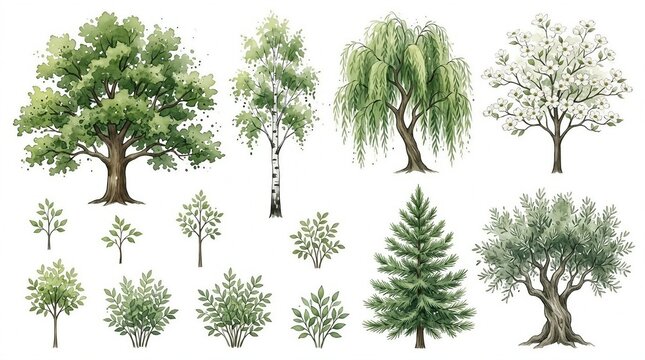 Oak birch willow pine botanical tree illustration set with olive flowering shrub outdoor decor