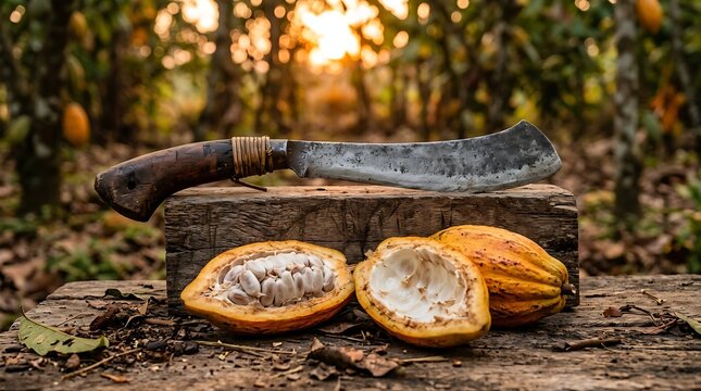 Freshly harvested open cocoa pods and machete on a farm at sunset