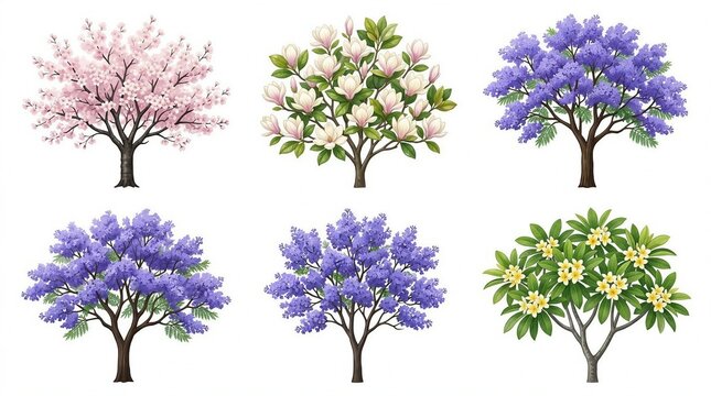 Cherry blossom magnolia jacaranda flowering tree illustration set with frangipani outdoor decor
